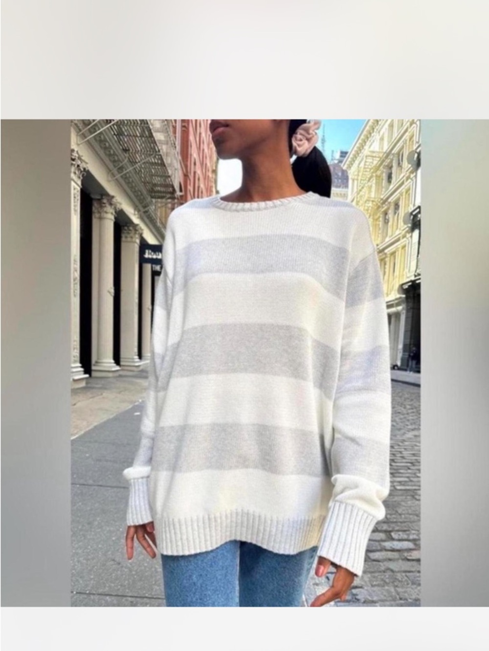 Brandy Melville Gray & White Striped Crewneck Sweater